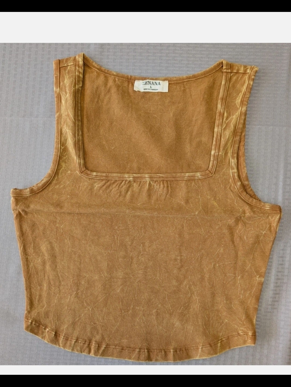 Zenana Women's Deep Camel  Acid Wash Wide Strap Cotton Tank Crop Top-S,M,L